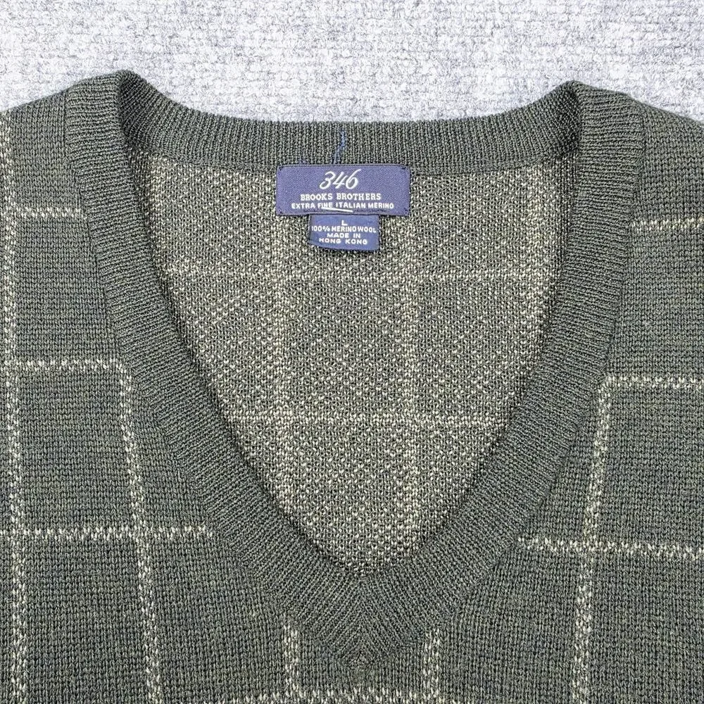 Brooks Brothers Sweater Vest Mens Large Green Windowpane Merino Wool Knit VTG HK